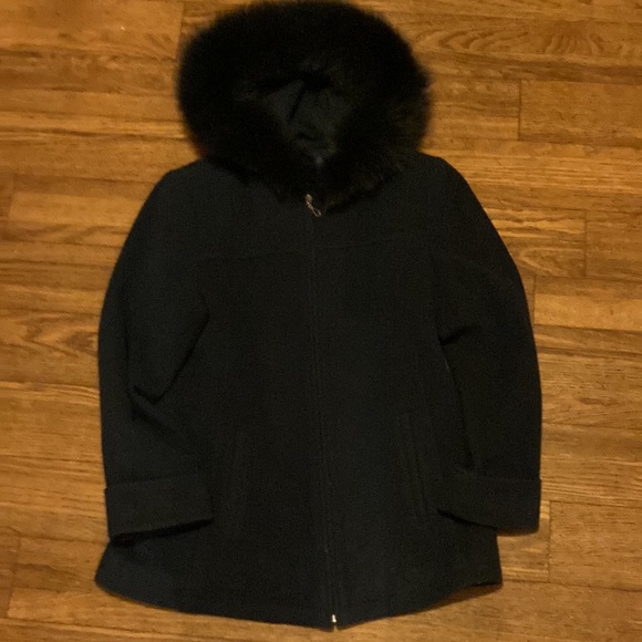 Mackintosh Navy Wool Jacket Coat With Fox Trimmed Hood - Picture 1 of 7